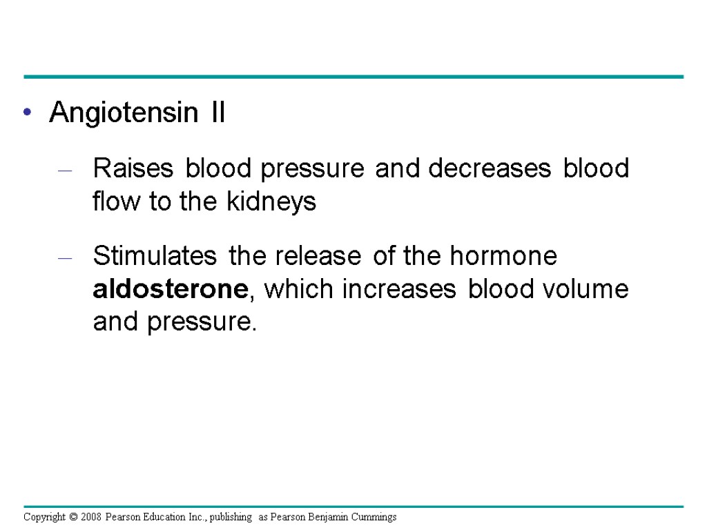 Angiotensin II Raises blood pressure and decreases blood flow to the kidneys Stimulates the